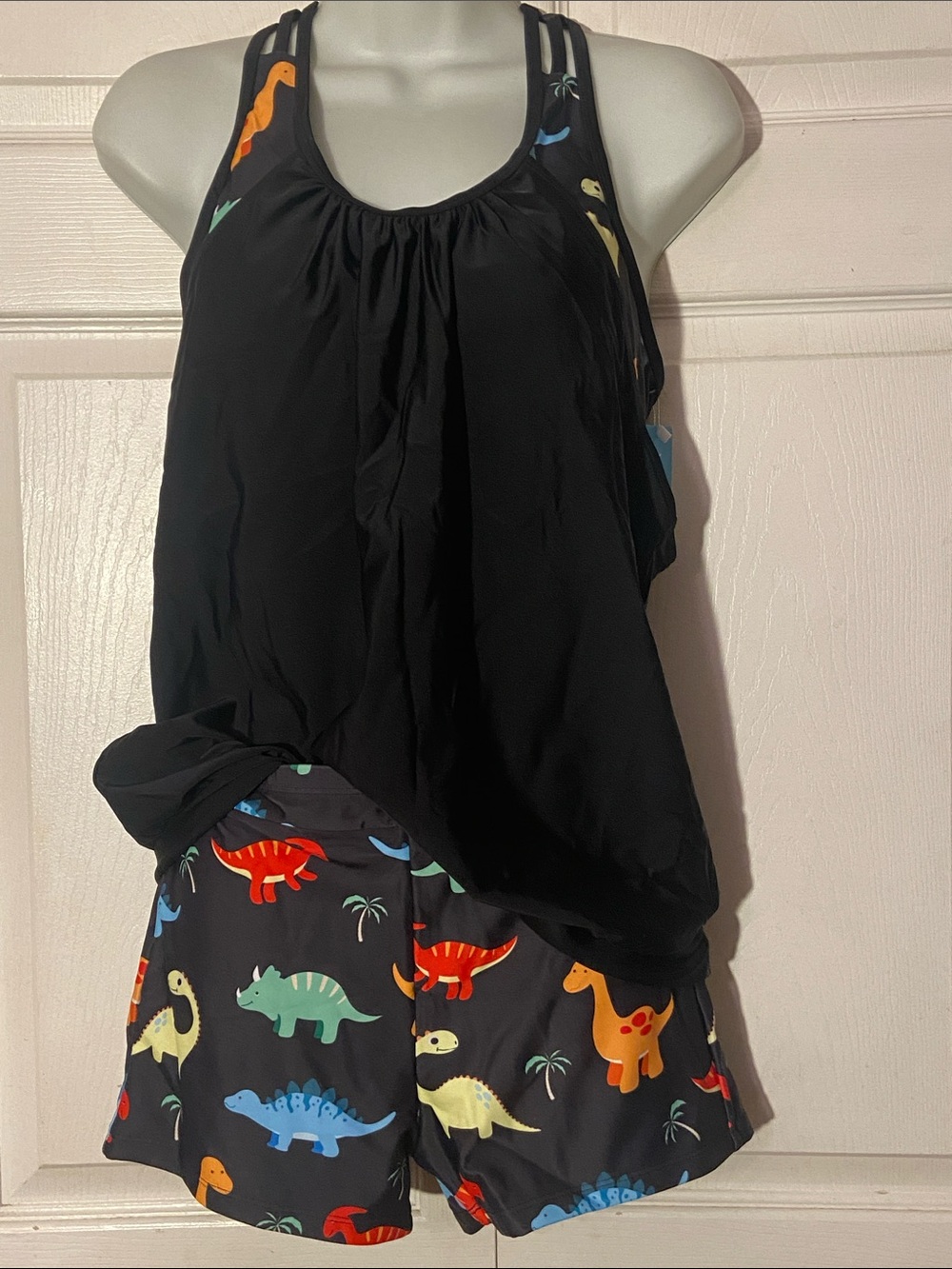 Younique Black Swim Top/Shorts 2 pcs Set sz  M  Green Dino Print New